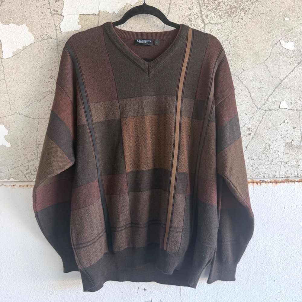 Vintage Sweater 90s Geometric Colorblock Marcello Merino Wool Italy Mens L
